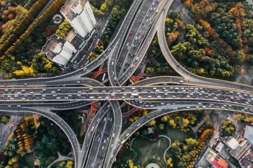 Overview of roads with traffic flowing